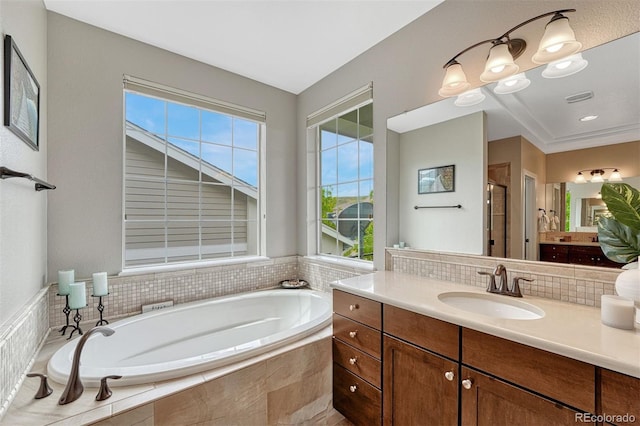 10365 Prairie Sky Pl, Lone Tree, CO 80124 - full bath featuring a garden tub, vanity, a stall shower, and tasteful backsplash