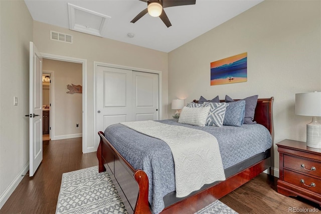 10365 Prairie Sky Pl, Lone Tree, CO 80124 - bedroom with wood finished floors, a closet, ceiling fan, and attic access
