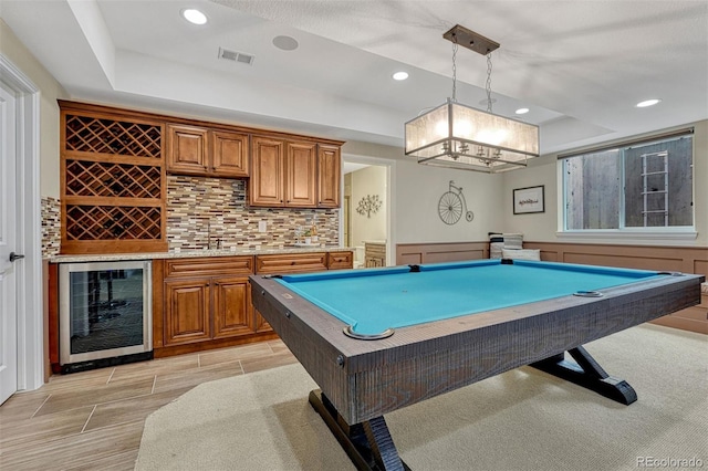 10365 Prairie Sky Pl, Lone Tree, CO 80124 - rec room featuring beverage cooler, a raised ceiling, pool table, and recessed lighting