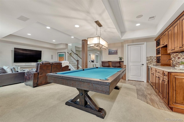 10365 Prairie Sky Pl, Lone Tree, CO 80124 - recreation room with a raised ceiling, billiards table, recessed lighting, and light colored carpet