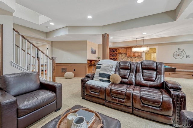 10365 Prairie Sky Pl, Lone Tree, CO 80124 - carpeted home theater room with a wainscoted wall, recessed lighting, decorative columns, a decorative wall, and bar area