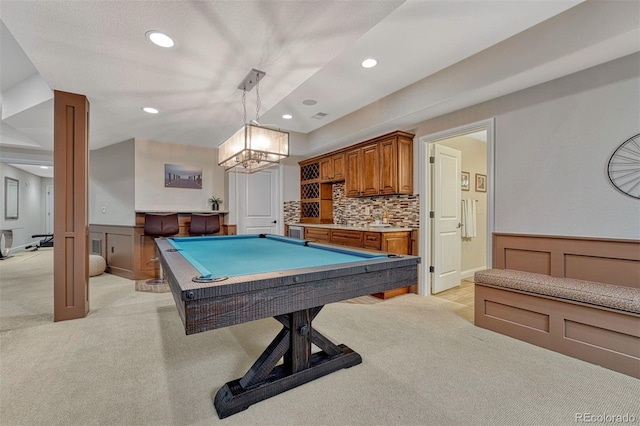 10365 Prairie Sky Pl, Lone Tree, CO 80124 - game room featuring light colored carpet, a decorative wall, a wainscoted wall, recessed lighting, and billiards table