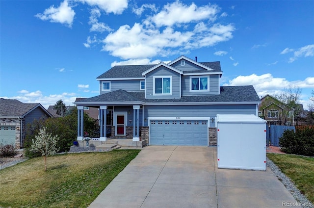 9172 Sunningdale Rd, Peyton, CO 80831 - view of front of home featuring roof with shingles, fence, a front lawn, concrete driveway, and an attached garage
