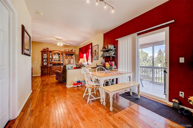 9172 Sunningdale Rd, Peyton, CO 80831 - dining area with baseboards, a ceiling fan, and light wood-type flooring
