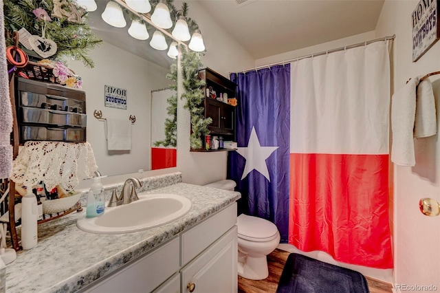9172 Sunningdale Rd, Peyton, CO 80831 - bathroom with vanity, a shower with shower curtain, wood finished floors, and toilet