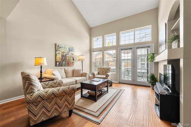 living room with hardwood / wood-style flooring and high vaulted ceiling