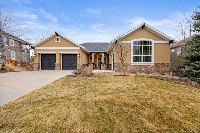 view of front facade featuring stucco siding, stone siding, and concrete driveway