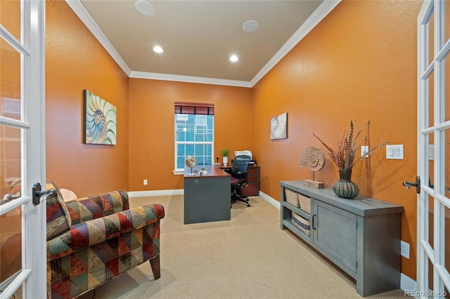 office area featuring baseboards, recessed lighting, french doors, light carpet, and crown molding