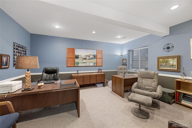 office space featuring beam ceiling, recessed lighting, and light carpet