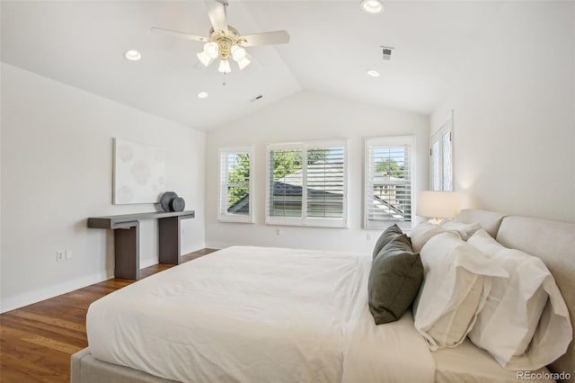 bedroom with recessed lighting, visible vents, ceiling fan, vaulted ceiling, and wood finished floors