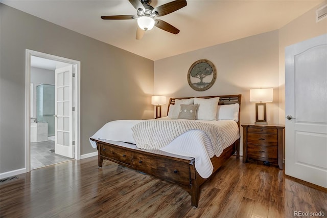 bedroom featuring ceiling fan, hardwood / wood-style floors, and ensuite bath