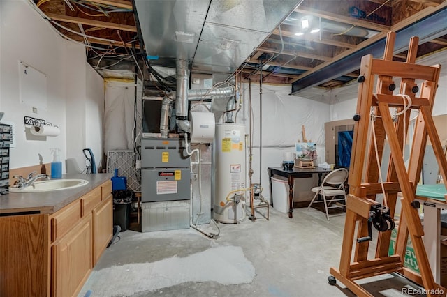 utilities with sink, water heater, and heating unit