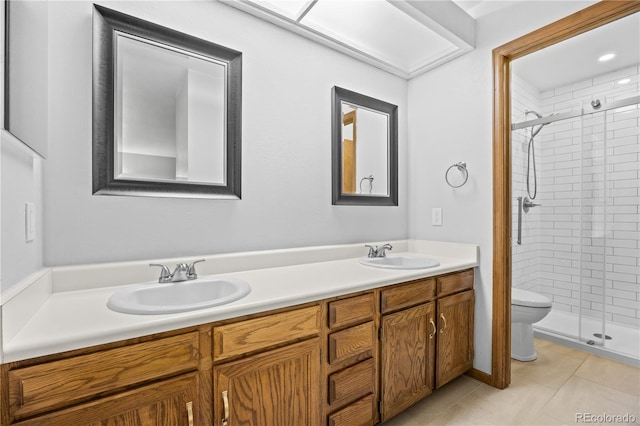 7888 S Poplar Way, Centennial, CO 80112 - full bathroom featuring a stall shower, double vanity, and tile patterned floors