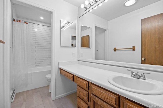 7888 S Poplar Way, Centennial, CO 80112 - bathroom with vanity, tile patterned floors, a baseboard heating unit, and shower / bath combo with shower curtain
