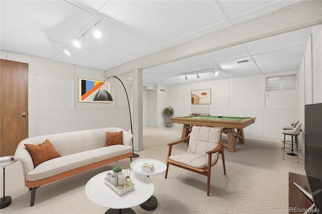 7888 S Poplar Way, Centennial, CO 80112 - living area with rail lighting, billiards, carpet flooring, and a decorative wall