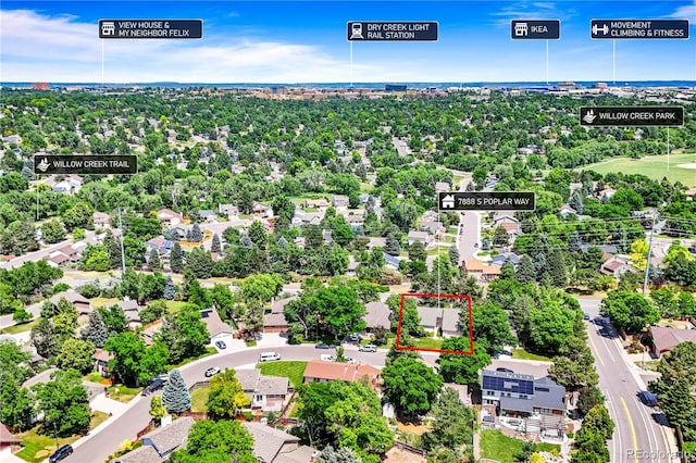 7888 S Poplar Way, Centennial, CO 80112 - aerial perspective of suburban area featuring property boundaries highlighted and a tree filled landscape