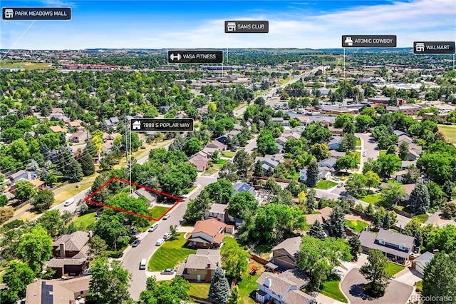 7888 S Poplar Way, Centennial, CO 80112 - aerial view of residential area with property parcel outlined