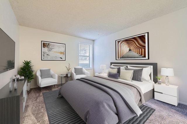 bedroom featuring carpet flooring, a textured ceiling, and baseboards