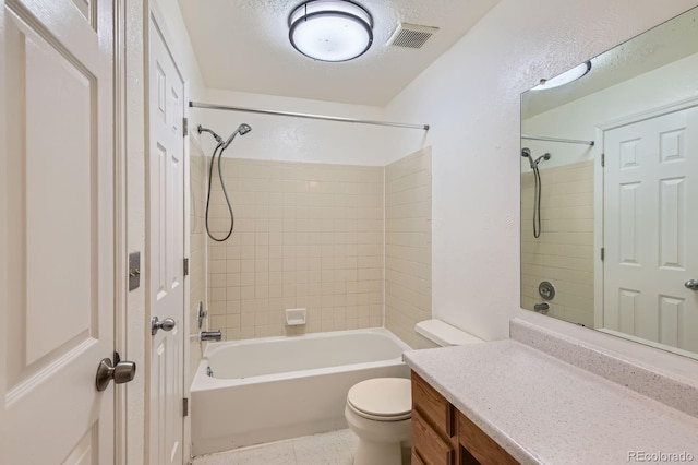 bathroom with visible vents, toilet, a textured ceiling, shower / bath combination, and vanity