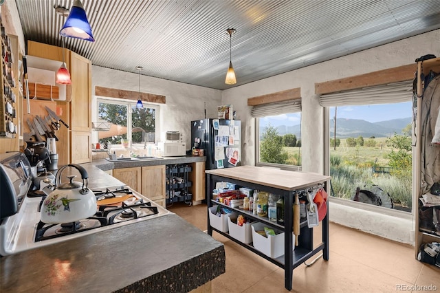 kitchen with black fridge, sink, a mountain view, hanging light fixtures, and light brown cabinets