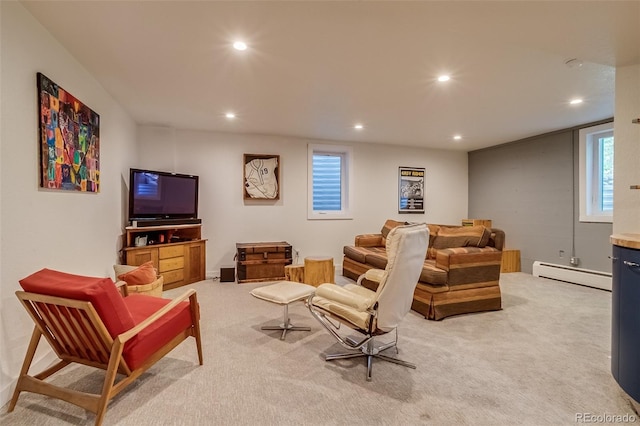 3010 Zinnia Ct, Golden, CO 80401 - living area featuring baseboard heating, light colored carpet, and recessed lighting