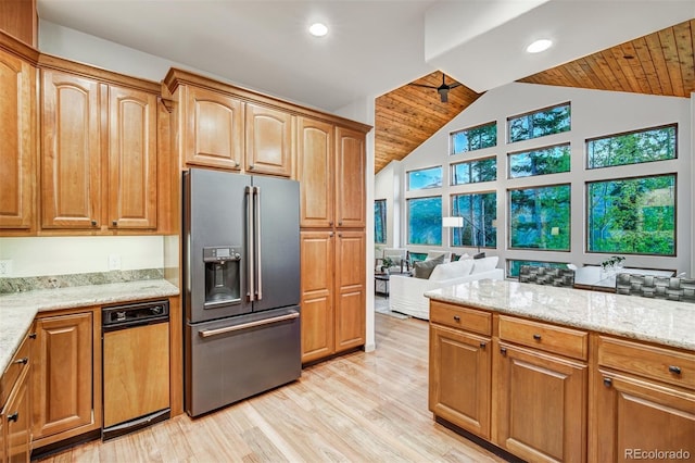 kitchen with light wood-type flooring, light stone countertops, high end refrigerator, and wooden ceiling