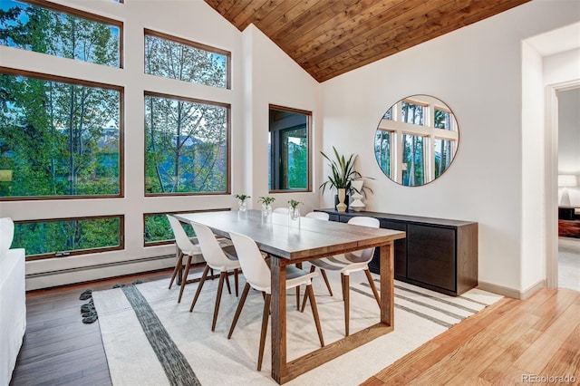 dining space with a baseboard heating unit, wood ceiling, light hardwood / wood-style floors, and high vaulted ceiling