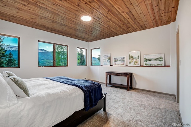 carpeted bedroom with wooden ceiling