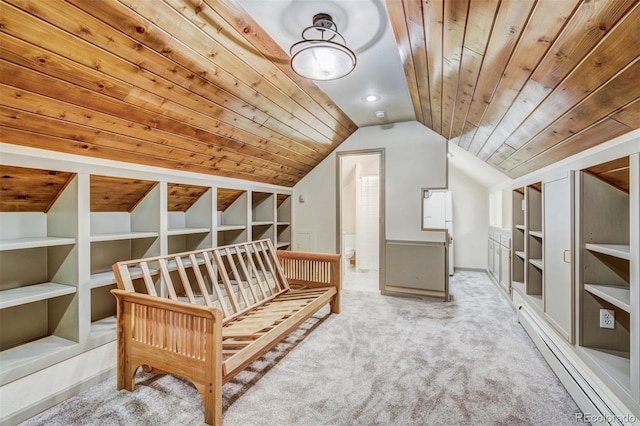 living area with lofted ceiling, light colored carpet, wood ceiling, built in shelves, and baseboard heating