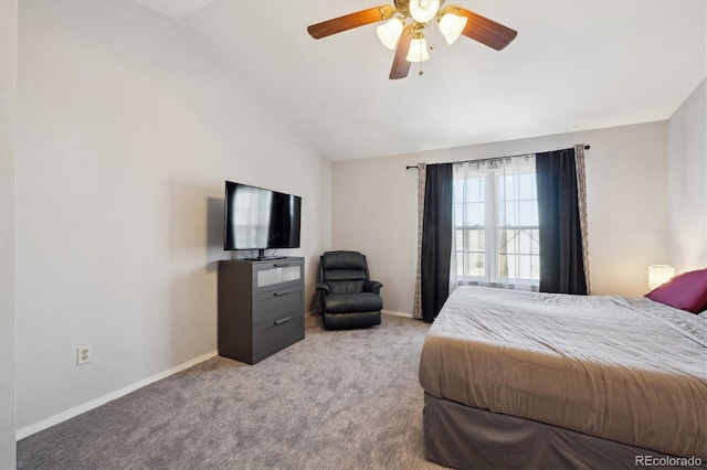 bedroom featuring lofted ceiling, ceiling fan, carpet flooring, and baseboards