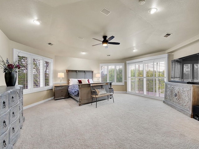 291 Fairchild Dr, Highlands Ranch, CO 80126 - bedroom featuring baseboards, light carpet, multiple windows, recessed lighting, and a ceiling fan