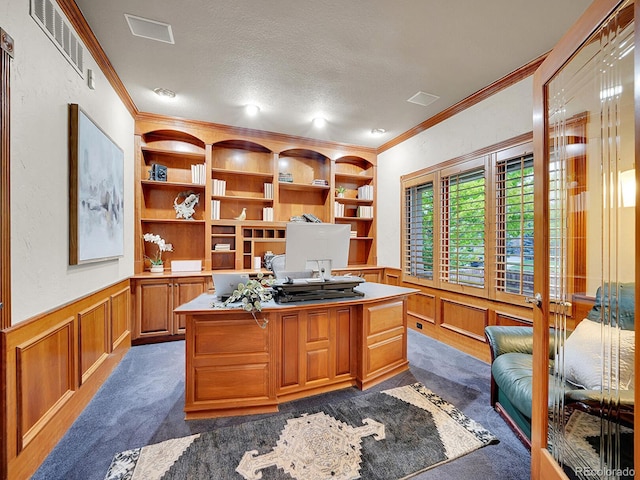 291 Fairchild Dr, Highlands Ranch, CO 80126 - home office with ornamental molding, dark colored carpet, wainscoting, a textured ceiling, and a decorative wall