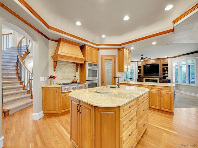 291 Fairchild Dr, Highlands Ranch, CO 80126 - kitchen with custom exhaust hood, appliances with stainless steel finishes, baseboards, light wood-style flooring, and light stone counters