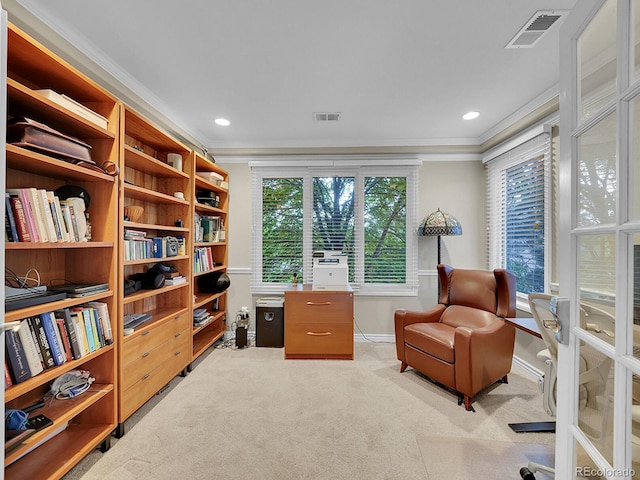 291 Fairchild Dr, Highlands Ranch, CO 80126 - living area with ornamental molding, carpet floors, an office area, baseboards, and recessed lighting
