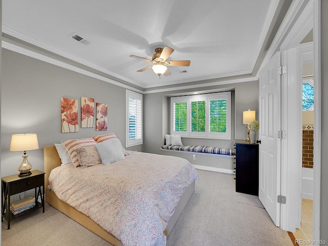 291 Fairchild Dr, Highlands Ranch, CO 80126 - bedroom featuring light colored carpet, crown molding, a ceiling fan, and baseboards