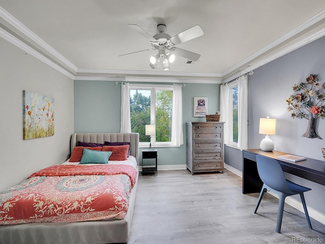 291 Fairchild Dr, Highlands Ranch, CO 80126 - bedroom featuring ornamental molding, wood finished floors, baseboards, an office area, and a ceiling fan