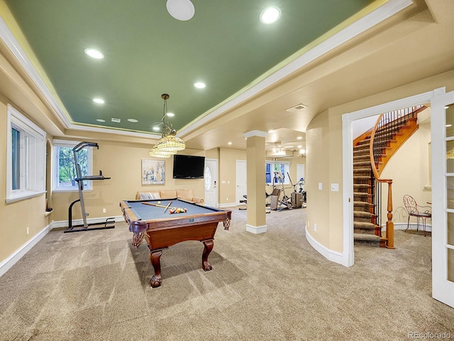 291 Fairchild Dr, Highlands Ranch, CO 80126 - playroom with a raised ceiling, carpet, billiards table, baseboards, and crown molding