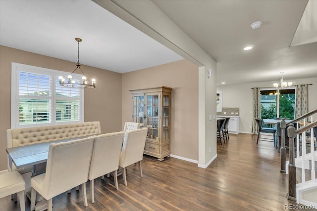 3762 White Rose Loop, Castle Rock, CO 80108 - dining area with a chandelier, dark wood-style flooring, stairs, and recessed lighting
