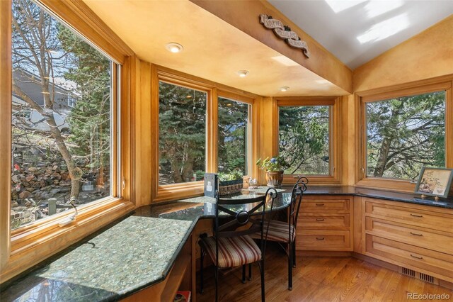 1045 Golden Hills Rd, Colorado Springs, CO 80919 - sunroom with vaulted ceiling, a wealth of natural light, wood finished floors, and visible vents