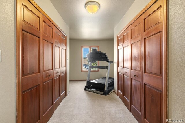 1045 Golden Hills Rd, Colorado Springs, CO 80919 - workout room with a textured wall and light colored carpet