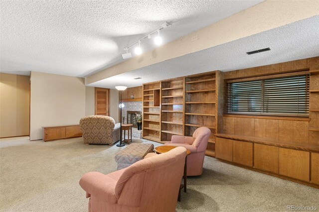 1045 Golden Hills Rd, Colorado Springs, CO 80919 - living area with carpet flooring, a textured ceiling, visible vents, and rail lighting