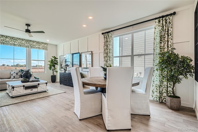 5572 Runge Ct, Timnath, CO 80547 - dining room featuring light wood-style flooring, ceiling fan, and recessed lighting