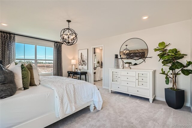 5572 Runge Ct, Timnath, CO 80547 - bedroom featuring baseboards, recessed lighting, a notable chandelier, and light colored carpet