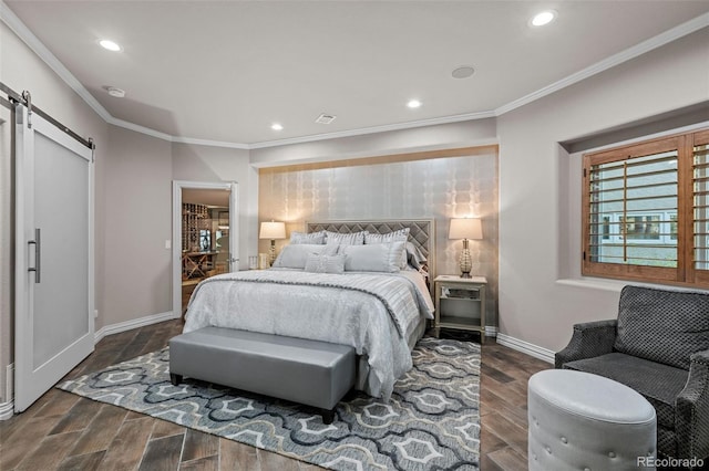 bedroom with dark hardwood / wood-style flooring, ornamental molding, and a barn door