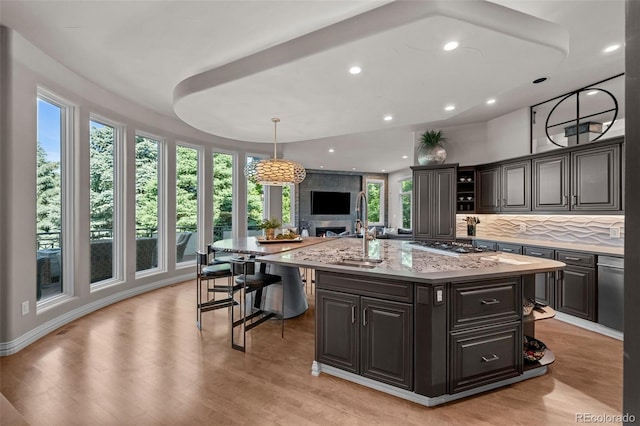 kitchen featuring sink, light hardwood / wood-style flooring, light stone counters, tasteful backsplash, and an island with sink