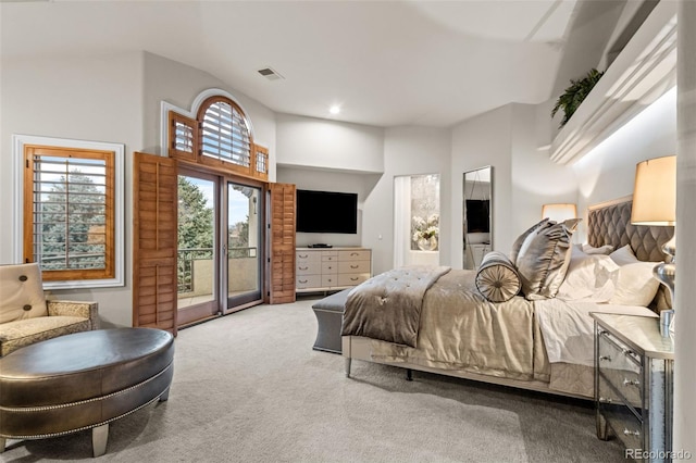 bedroom featuring access to outside and carpet flooring