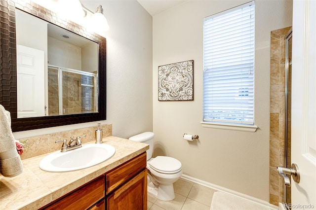 bathroom featuring tile patterned floors, vanity, toilet, and walk in shower