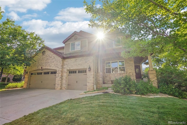 16071 Crestrock Cir, Parker, CO 80134 - view of front facade featuring concrete driveway, a front lawn, brick siding, and a garage