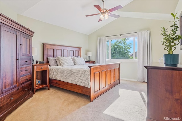 16071 Crestrock Cir, Parker, CO 80134 - bedroom with vaulted ceiling, light carpet, and a ceiling fan