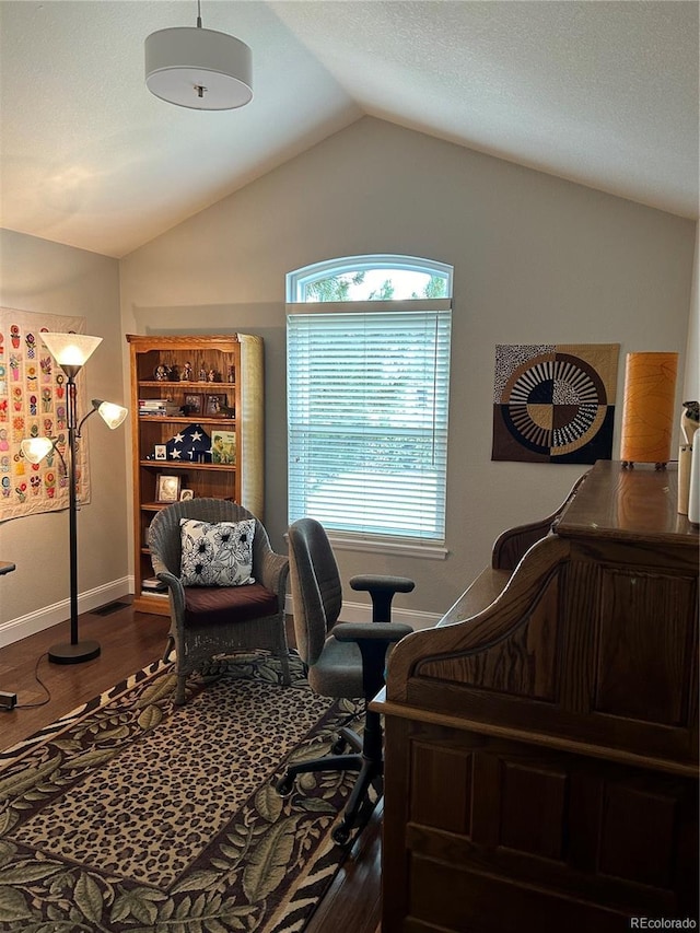 office with hardwood / wood-style flooring and lofted ceiling